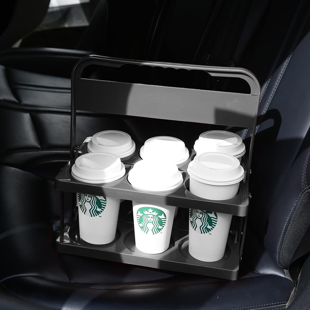 Bodaon 6 Cup Drink Carrier with Handle, Plastic Cup Carriers for Drinks, Drink Holder for Car, GrubHub/Eats Doordash Accessories, Portable Foldable Reusable Mobile, Use for Food Delivery Bag, Black