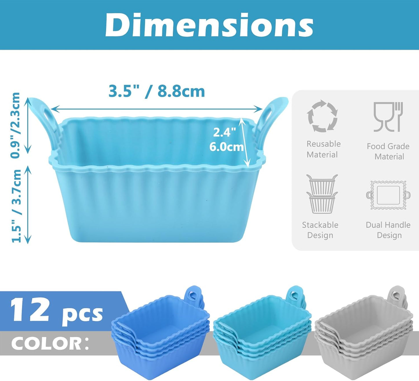 Koluti Nonstick Silicone Muffin Baking Cups Pack of 12, Reusable Cupcake Molds with Double Handle, BPA Free, Mini Rectangle Air Fryer Cupcakes Liner, 3 Colors