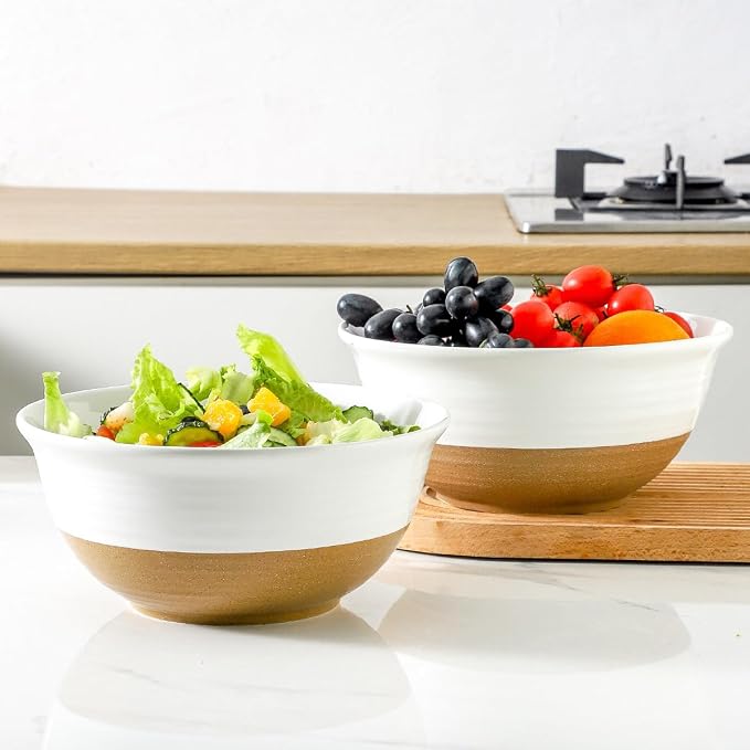 HASENSE Large Ceramic Serving Bowls Set of 2, 84 Oz 9 Inch White & Terracotta - Image 6