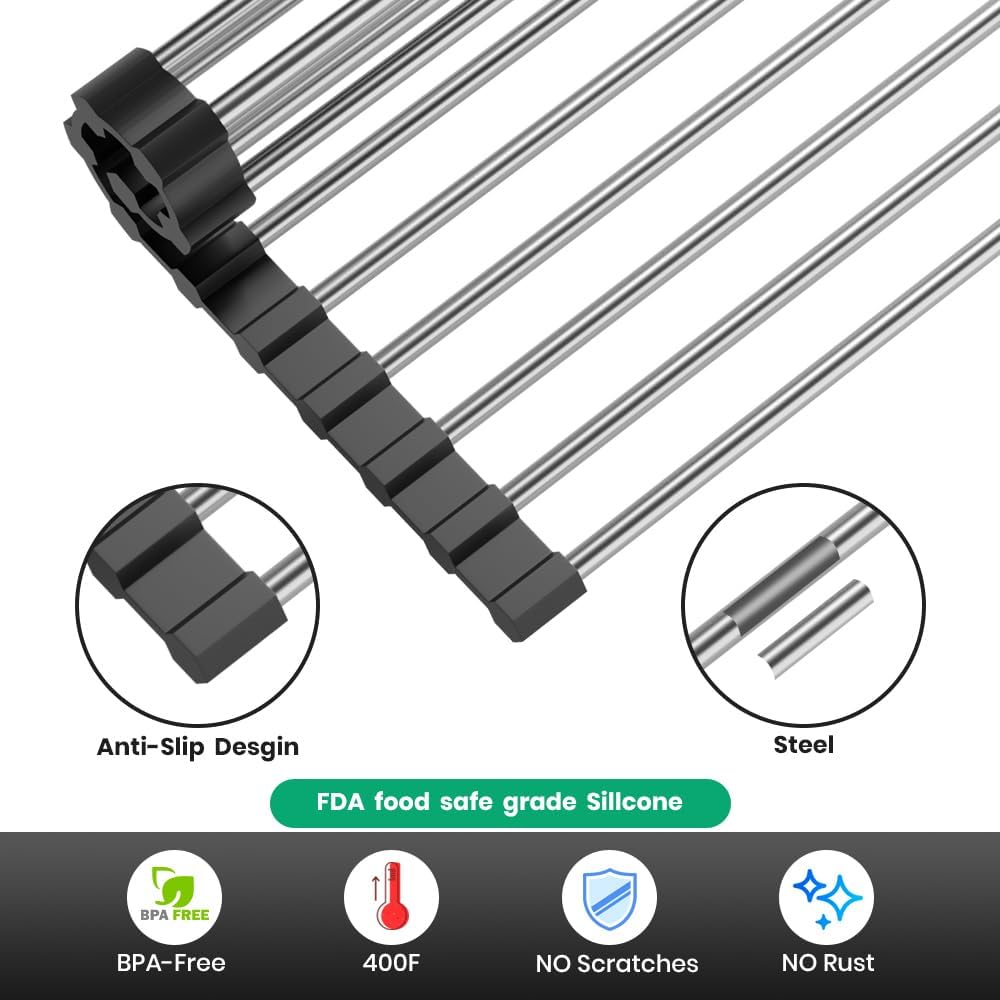 Roll Up Dish Drying Rack, Stainless Kitchen Accessories, Foldable Dish Rack, Anti-Slip Design Sink Counter Storage, Over The Sink Dish Rack, Stainless Steel, (21" x 9.1") Black