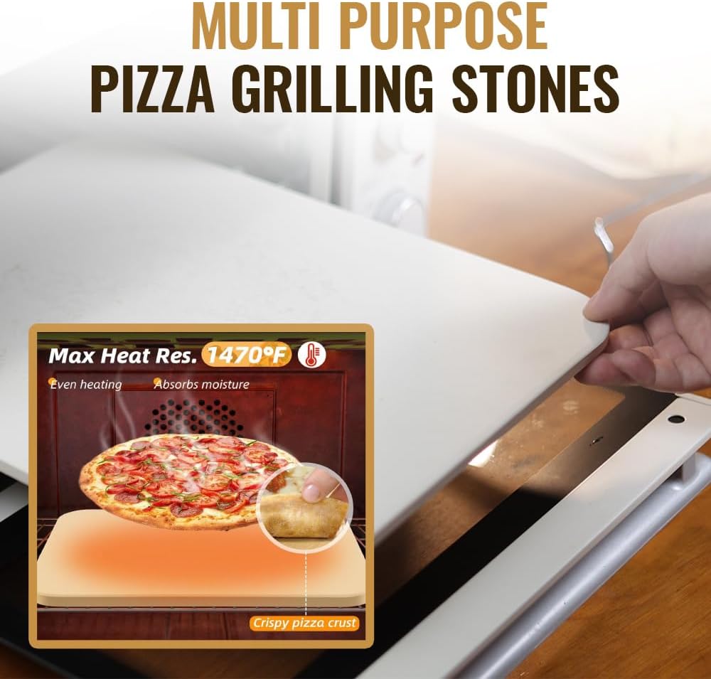 8 PCS Pizza Stone Set, Extra Large 15×12 Inch Pizza Stone for Grill, Rectangle Baking Sone With Pizza Kit for Pizza, Bread, BBQ Grilling, Pizza Peel Set