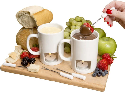 Evelots Fondue Pot Set for Chocolate, Cheese, Candy (2 Pack) Mini Ceramic Fondue Mugs Gift Set with 4 Forks & 8 Candles - Great for Date Night Birthday & Wedding Gifts