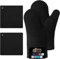 GORILLA GRIP BPA-Free Soft Silicone Oven Mitts and Pot Holders Sets of 4, Heat Resistant Waterproof Cooking Gloves, Thick Cotton Lining, Flexible Gripping for Baking Grilling, Kitchen Trivets, Black