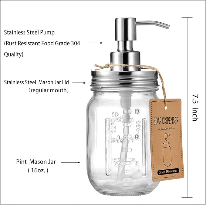 Amolliar Mason Jar Liquid Soap Dispenser, Stainless Steel Mason Jar Lid & Pump - Image 5