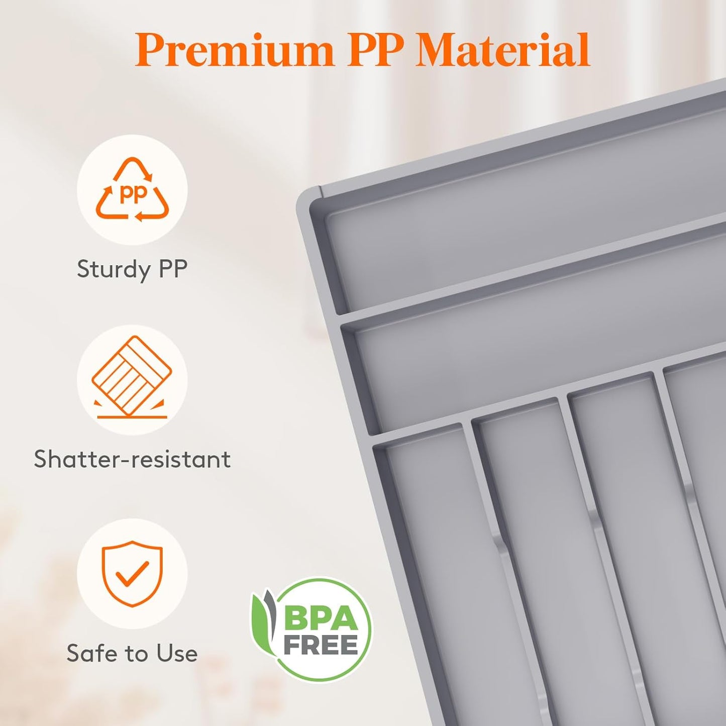 Lifewit Silverware Tray, Deep Wide Cutlery Drawer Organizer Storage for Kitchen, Plastic Flatware Utensil Holder Divider for Spoons Forks Knives Tableware, 7 Compartment, Gray