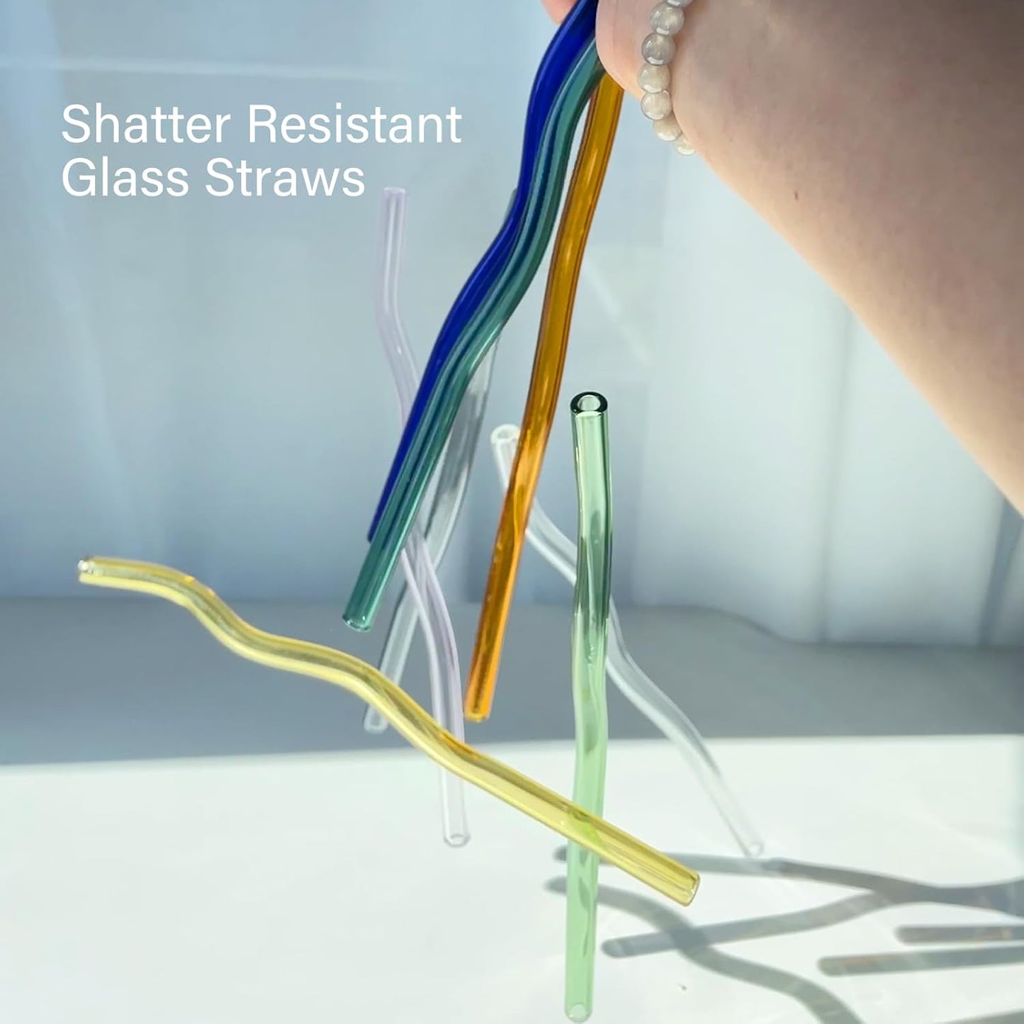 Reusable Glass Straws Sets of 8 Wavy Colorful Drinking Straw with 2 Cleaning Brushes, 8 inches 0.3" Thick Clear Straws High Borosilicate Glass Straw for Tumblers 10 Pack Gift Wrap