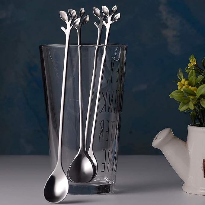 AnSaw 6-Piece Elegant Silver Leaf Long Handle Teaspoons - Image 7