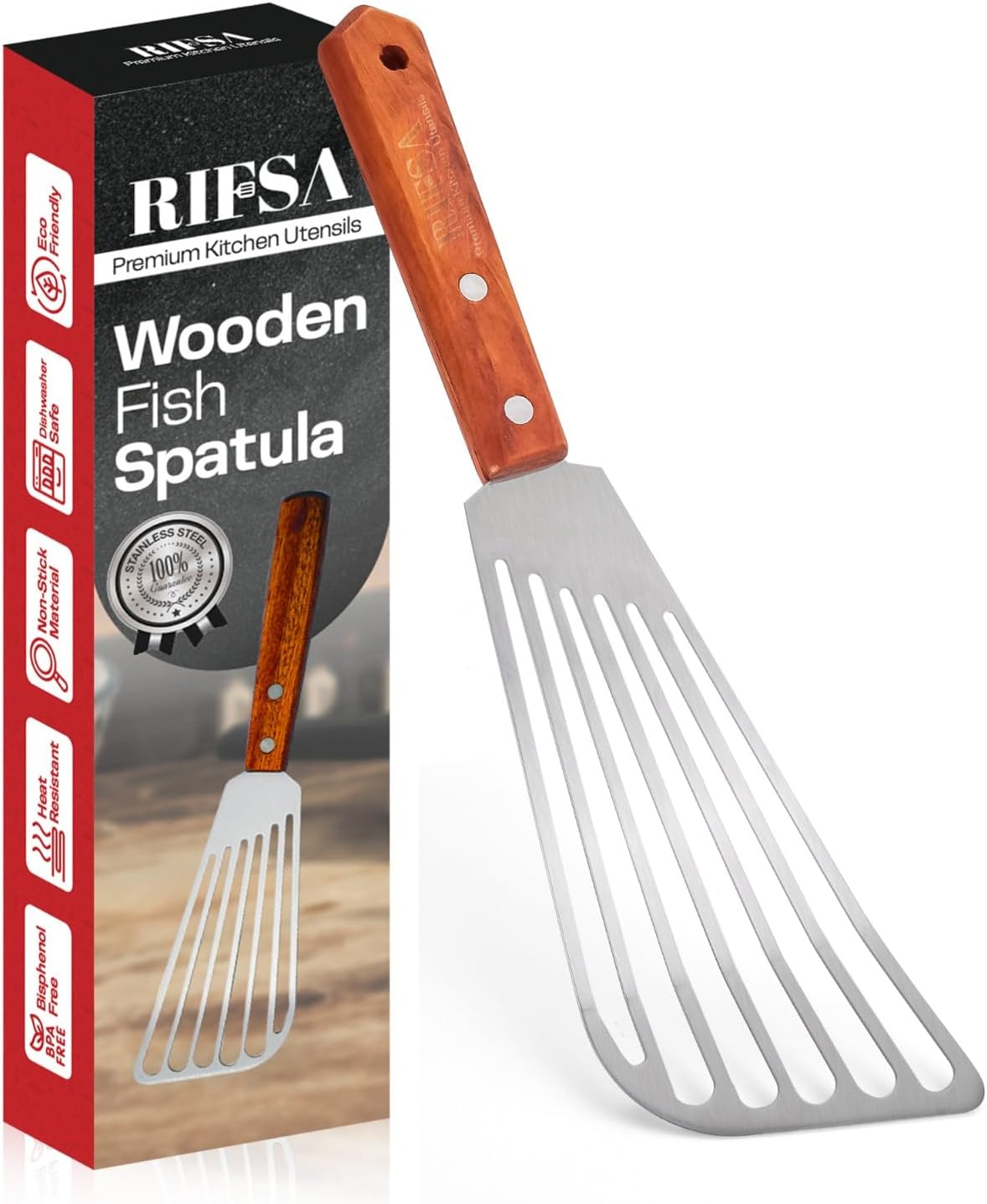 1 Slotted Elegant Silver Fish Turner Spatula - Metal Fish Spatula with 6.5 inch Blade & Ergonomic Wooden Handle - Ideal for Home and Professional Chefs