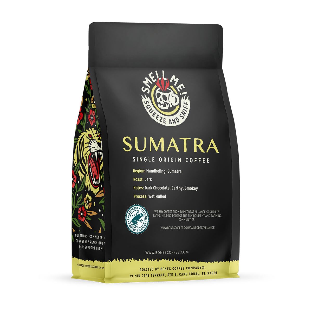 Bones Coffee Company Sumatra Single-Origin, Dark Chocolate, Smoky, Earthy Notes, Ground Coffee Beans, Low Acid Dark Roast Arabica Beans Flavored Coffee, 12 oz Ground