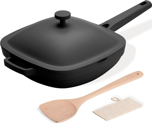 10.5 Inch(3.8QT) Deep Frying Pan,Non Stick Frying Pans Cast Aluminum,Ti-Ceramic Non Toxic Pix Pan with Lid,Natural Wooden Spatula and Loofah Scrubber-Midnight Hearth