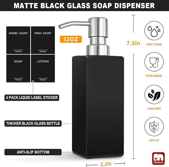 GMISUN Black Soap Dispenser, Hand Soap Dispenser Bathroom, 12 fl oz/350ml Glass - Image 2