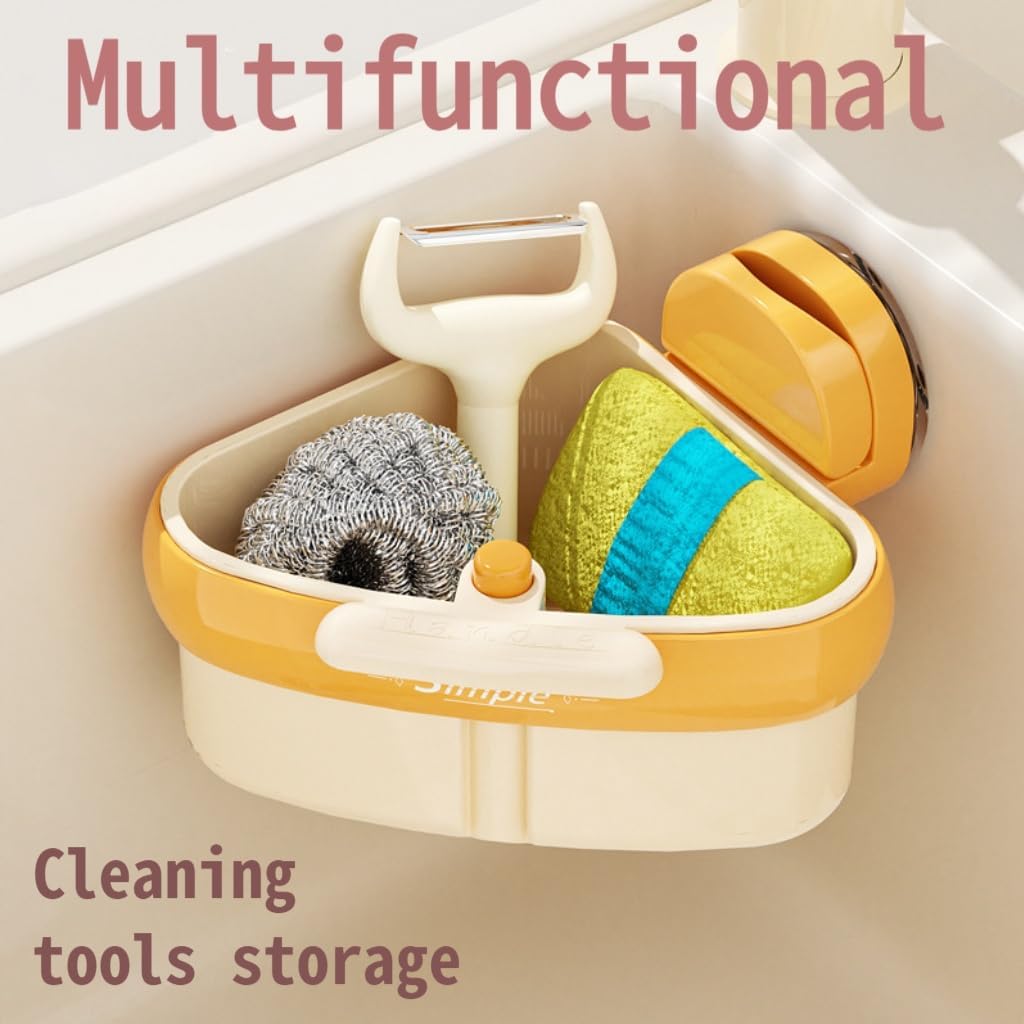 Corner Sink Strainer Basket with Suction Cups, Automatic Dumping Collapsible Food Drainer, Kitchen Sink Food Waste Catcher with Strong Hold Base (Lemon Yellow)