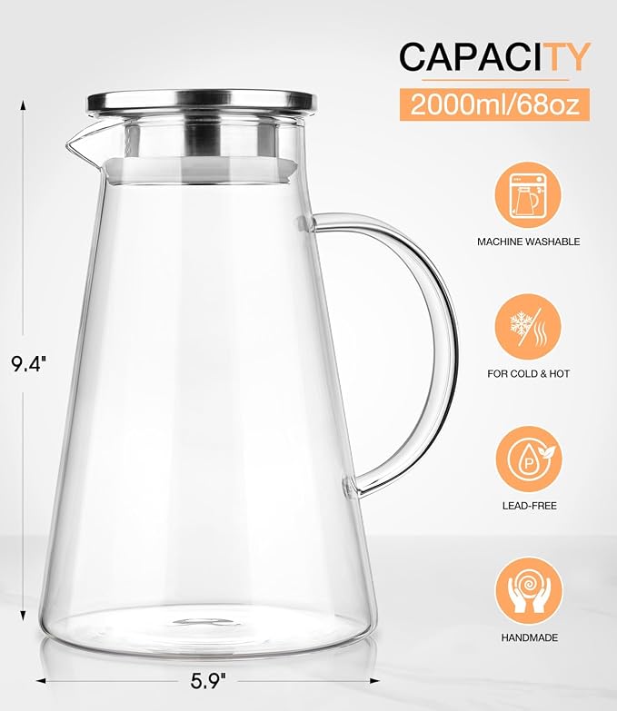 LUNA&MANTHA Glass Pitcher, 2 Liter 68oz Water Pitcher - Image 4