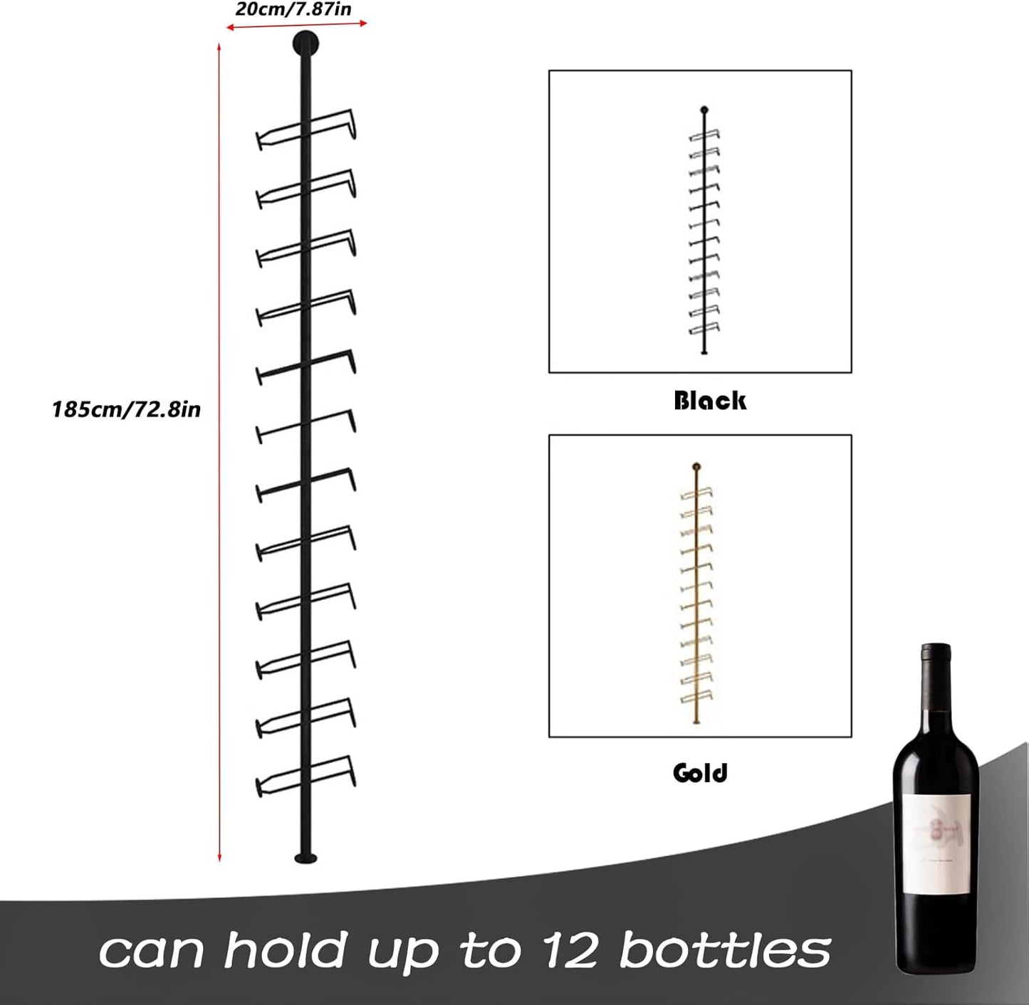 Wine Rack Wall Mounted, 72.8in High Metal Wine Bottle Holder for 12 Bottles, Kitchen Organization and Wine Storage for Commercial Restaurants Pantry Bar Wine Cellar (Black, six rows-72 Bottles)