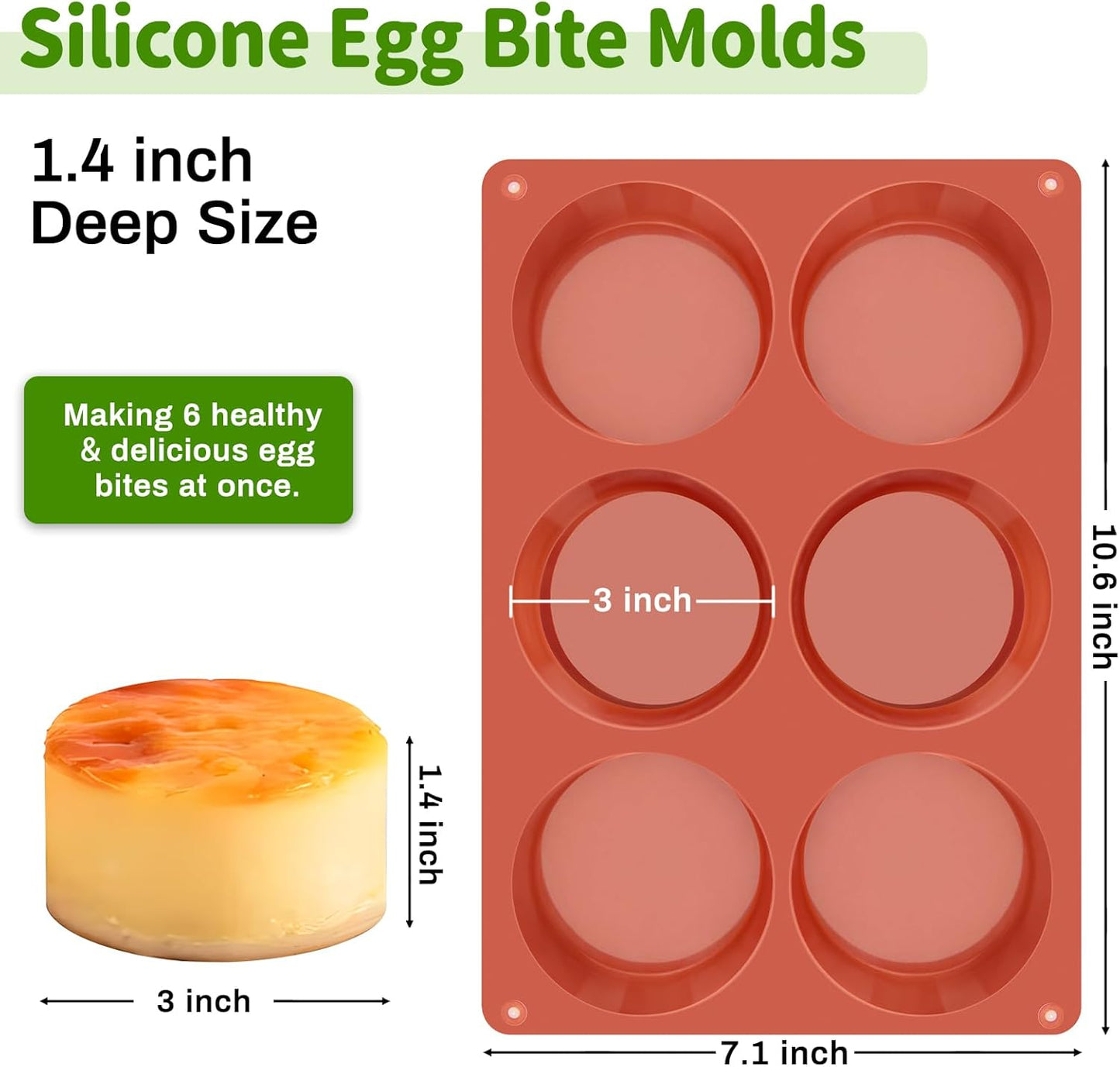 JOERSH 2-PK Silicone Egg Bite Molds Deep 3 Inch Frittata Baking Pans, Non-Stick Round Silicone Molds for Egg Breakfast Sandwich, English Muffin, Cheesecake, Dinner Rolls