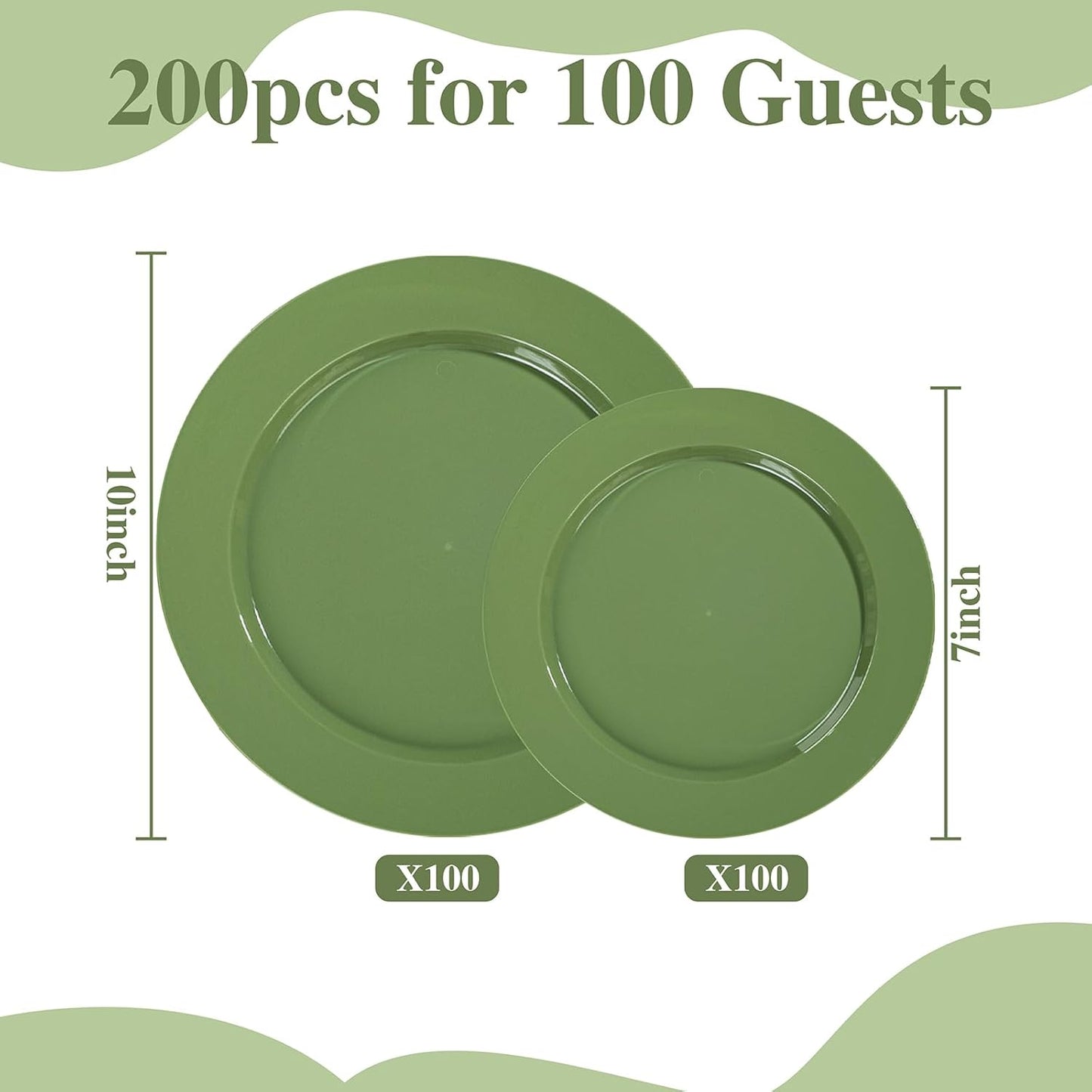 I00000 200 Pcs Green Plastic Plates, Green Disposable Plates Include 100 Dinner Plate 10’’ and 100 Dessert Plate 7’’ Perfect for Birthday, Party & Wedding