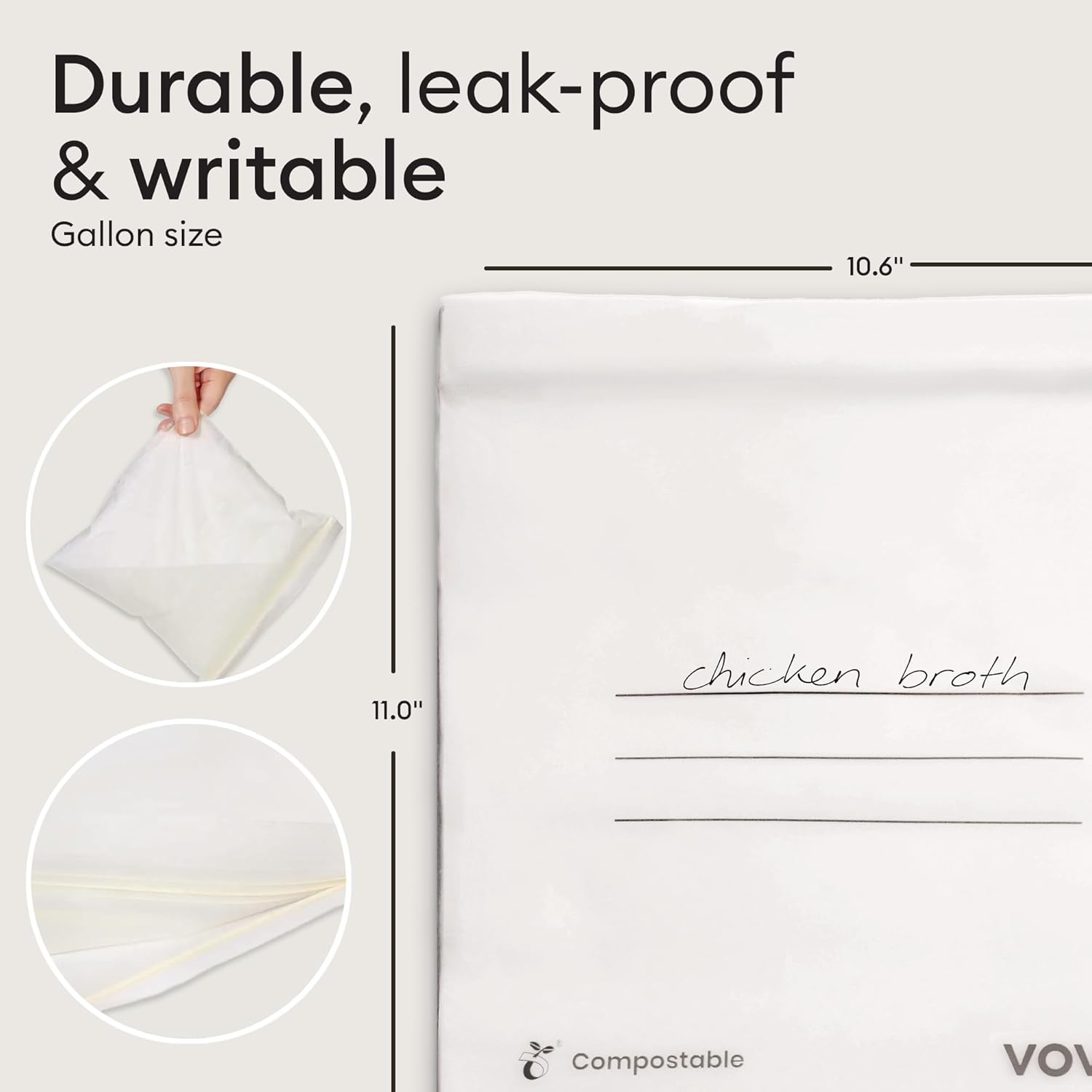 Vove Compostable Gallon Bags, Extra Large 30 Count – Freezer Safe, Leak Proof, Non Toxic Food Storage for Meal Prep & Snacks, Plant-Based Eco Bags