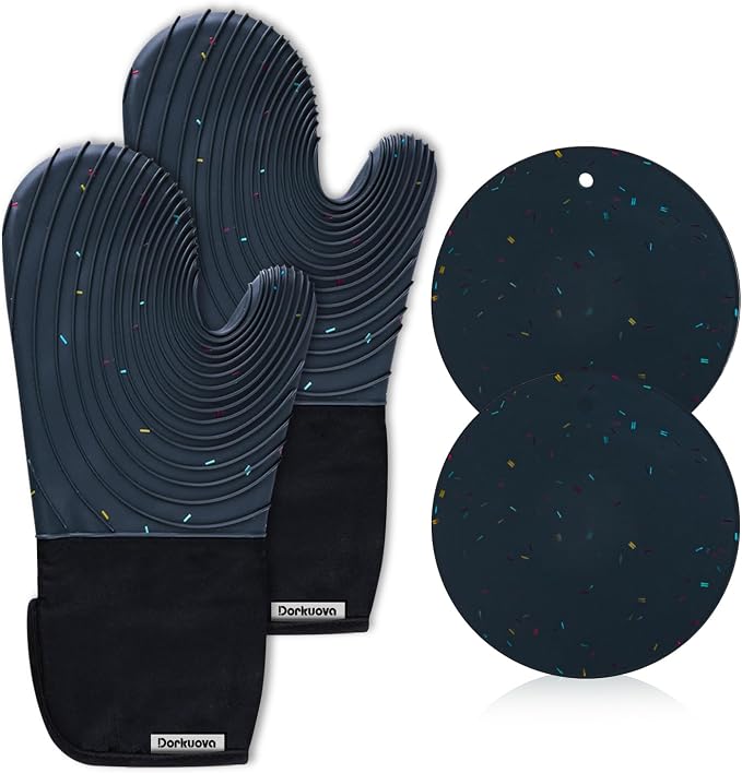Silicone Oven Mitts, Cotton Lined Gloves, Long Cooking Mitts and Trivet Mats by Dorkuovahome