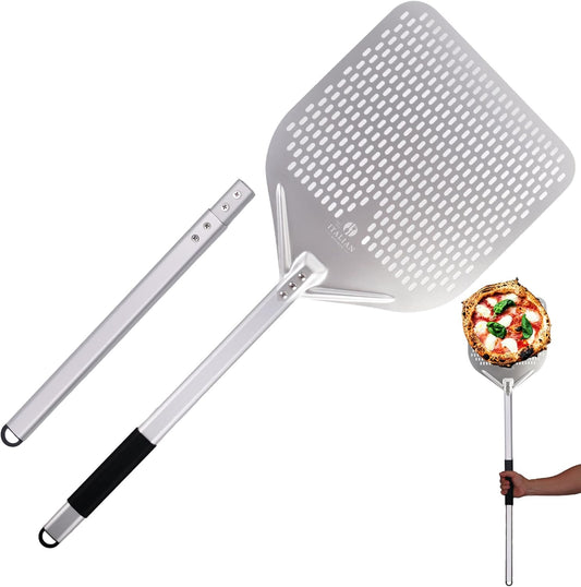Perforated Pizza Peel 13"W x 16.7"L- Professional Restaurant Grade Large Metal Pizza Peel - 45.7" or 29.7" Long Handle Aluminum Turning Peel - Commercial Pizza Paddle