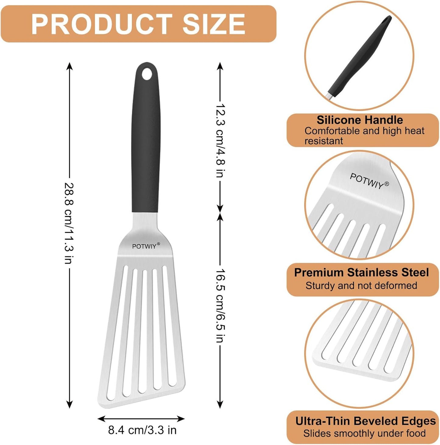 Fish Spatula Stainless Steel, 11.3" Slotted Fish Turner with Silicone Handle, Small Metal Spatula for Cast Iron Skillet, Kitchen Cooking Flipper for Egg, Burger, Pancake