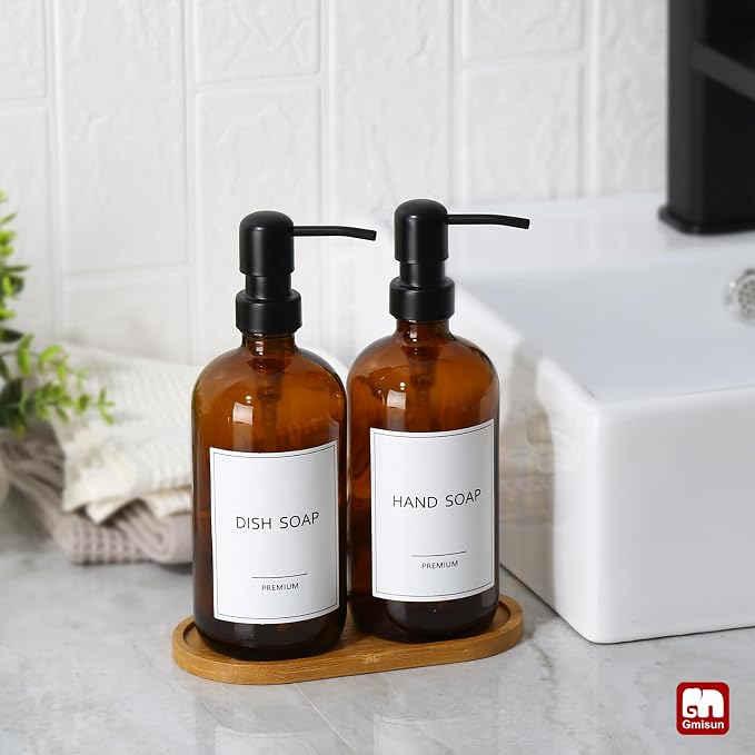 GMISUN Amber Glass Soap Dispenser, 2 Pack Bathroom Hand Soap Dispensers - Image 4