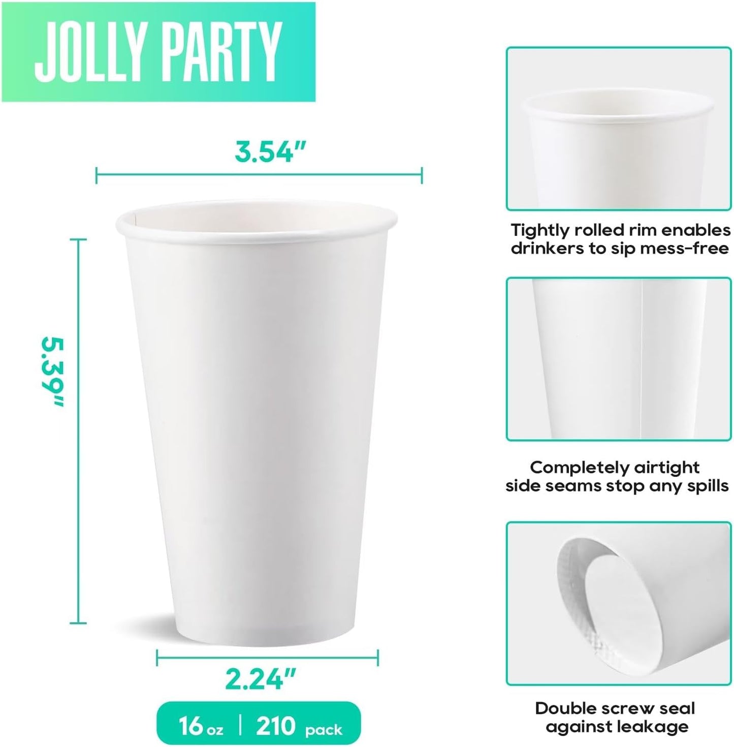 JOLLY PARTY 210 Pack 16 oz Disposable Paper Coffee Cup, Hot/Cold Beverage Drinking Cups for Water, White Paper Hot Coffee Cups