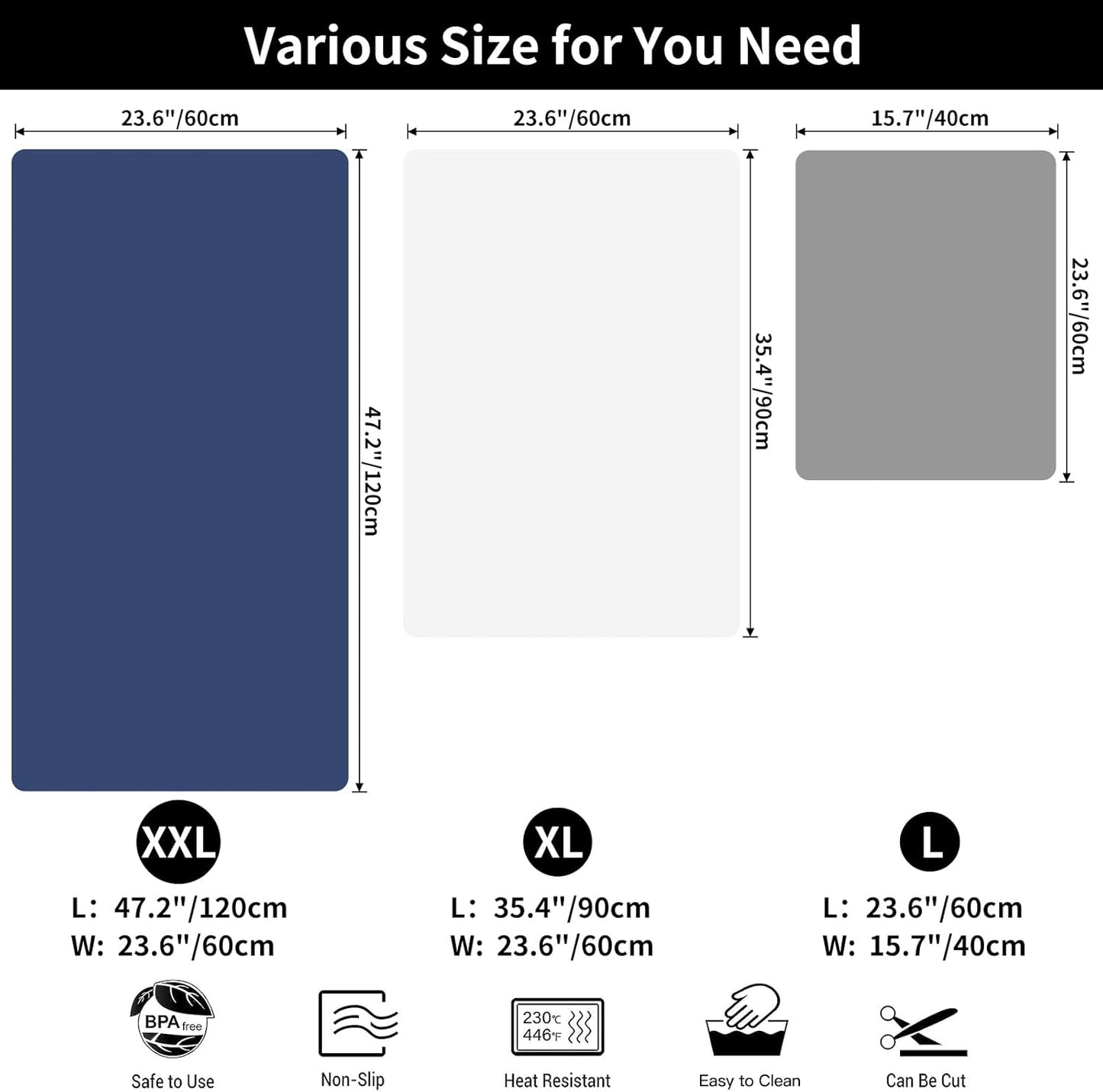 2 MM Largest Silicone Mats for Kitchen Counter (47".2x23.6"x0.08"), Heat Resistant Mat for Kitchen Island Countertop Protector Mat, Non-Slip Extra Large Counter Placemat, Light Gray