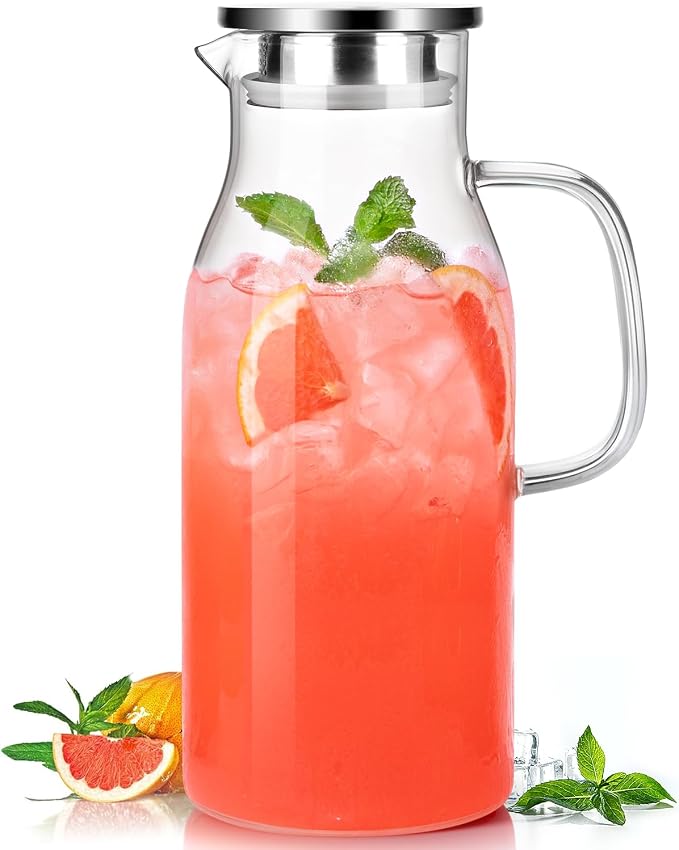 Glass Pitcher with Lid, 2 Liter 68oz Water Pitcher with Handle by Potdoctor
