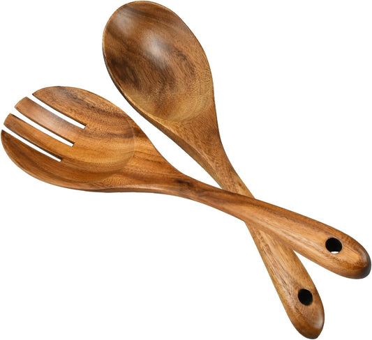 Salad Servers, Wood Salad Tongs, 10.2in Salad Spoon and Fork Set, Long Handle Salad Server Set for Mixing, Tossing and Cooking (Salad Spoon and Fork Set)