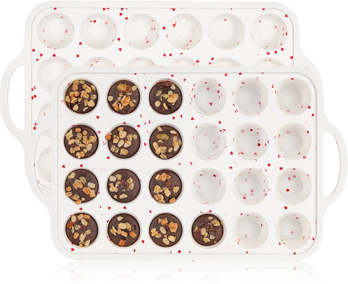 CAKETIME Mini Muffin Pan, Metal Reinforced Frame Mini Cupcake Pans 24 Cups Nonstick Muffin Silicone Molds with Handle for Baking Muffins, Cupcakes, Egg Bites 2 Pack Heart-Shaped