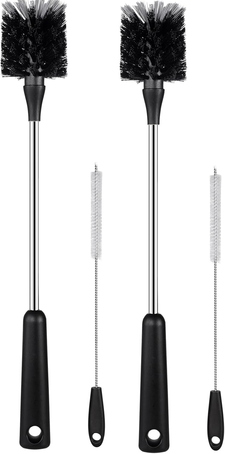 4 Pack Water Bottle Brushes with Straw Cleaner, Stainless Steel Handle Baby Bottle Brush Cleaner, Kitchen Scrub Cleaning Brushes for Cup, Wine Glasses, Coffee Mugs, Tumblers, Wine Decanters, Black