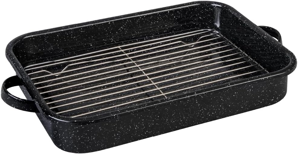 Granite Ware Open Roasting Pan with Flat Rack (Speckled Black) - Accommodates up to 25 lb poultry or roast.