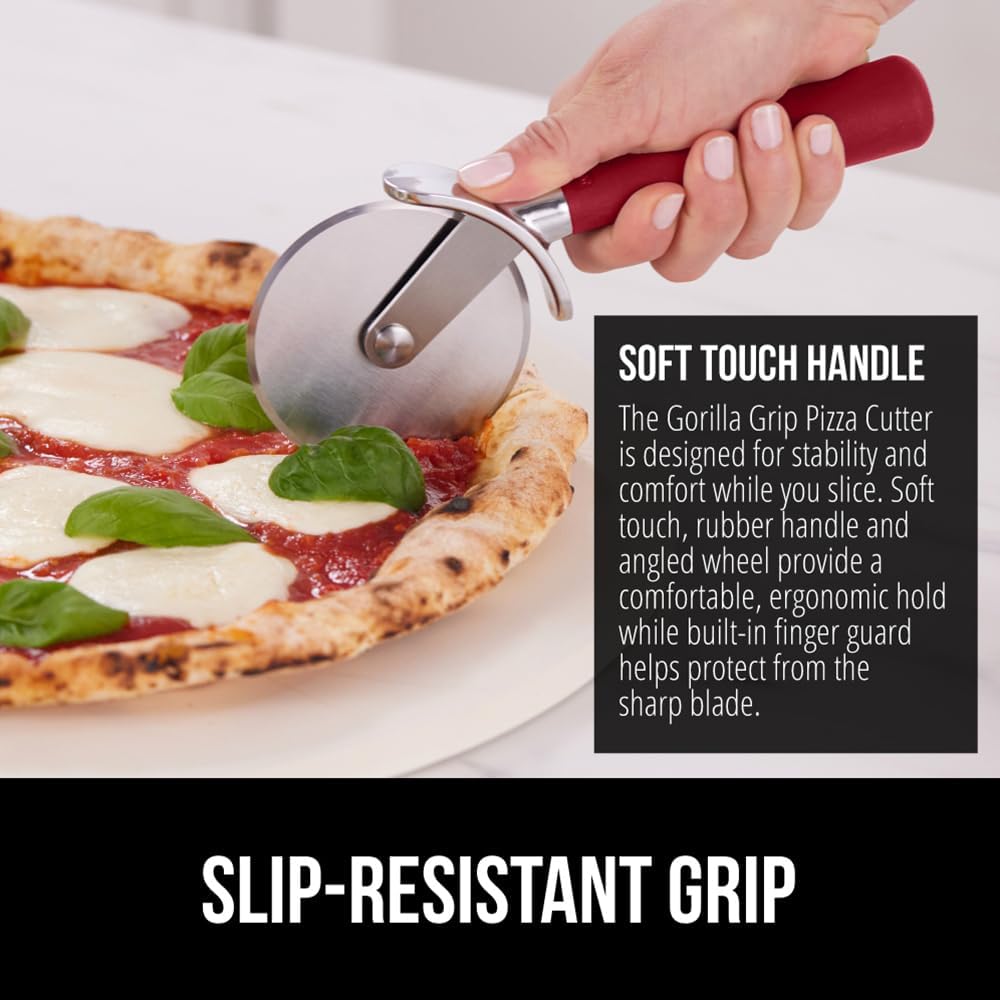 GORILLA GRIP BPA-Free Large Pizza Cutter Wheel, 9 Inch, Sharp Stainless Steel Blade, Slip Resistant Handle with Thumb Guard Protection, Slice Thick or Thin Pizzas, Pie, Pastries in Seconds, Red