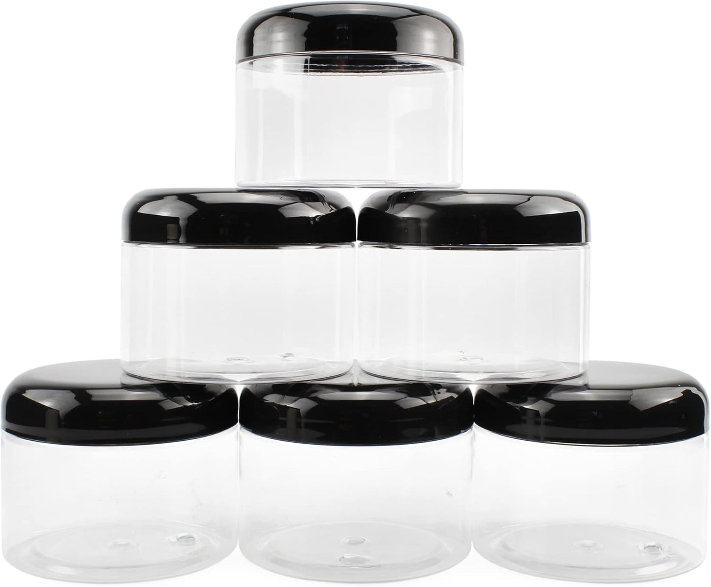 Cornucopia Brands 12 Ounce Clear Plastic Jars w/Black Plastic Lids (6-Pack); BPA Free PET Stackable Canisters for Bathroom & Kitchen Storage