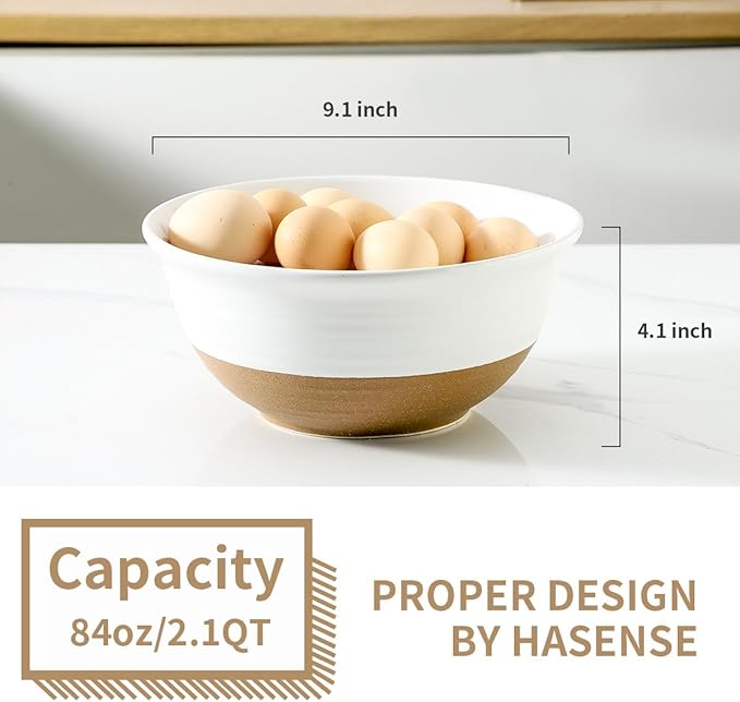 HASENSE Large Ceramic Serving Bowls Set of 2, 84 Oz 9 Inch White & Terracotta - Image 3