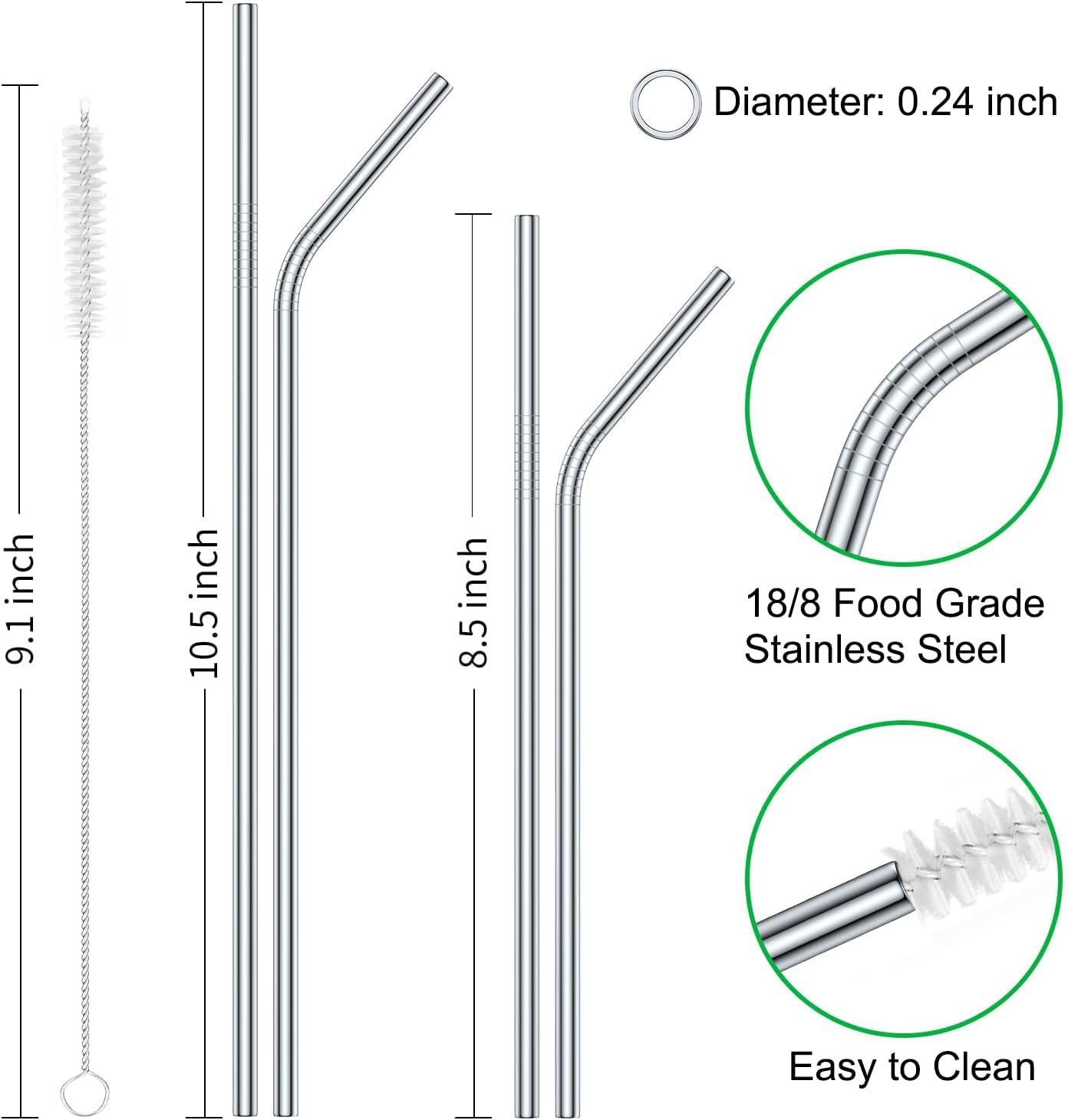 Vinaco Stainless Steel Straws Reusable, 12 Pack 8.5" & 10.5" Metal Straws 0.24" for 20 oz - 32 oz Tumblers, Long Drinking Straws with Cleaning Brush for Coffee, Juice, Cocktail and Hot Drinks