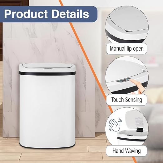 PayLessHere | 13 Gallon Stainless Steel Trash Can | White | Automatic Touchless - Image 3