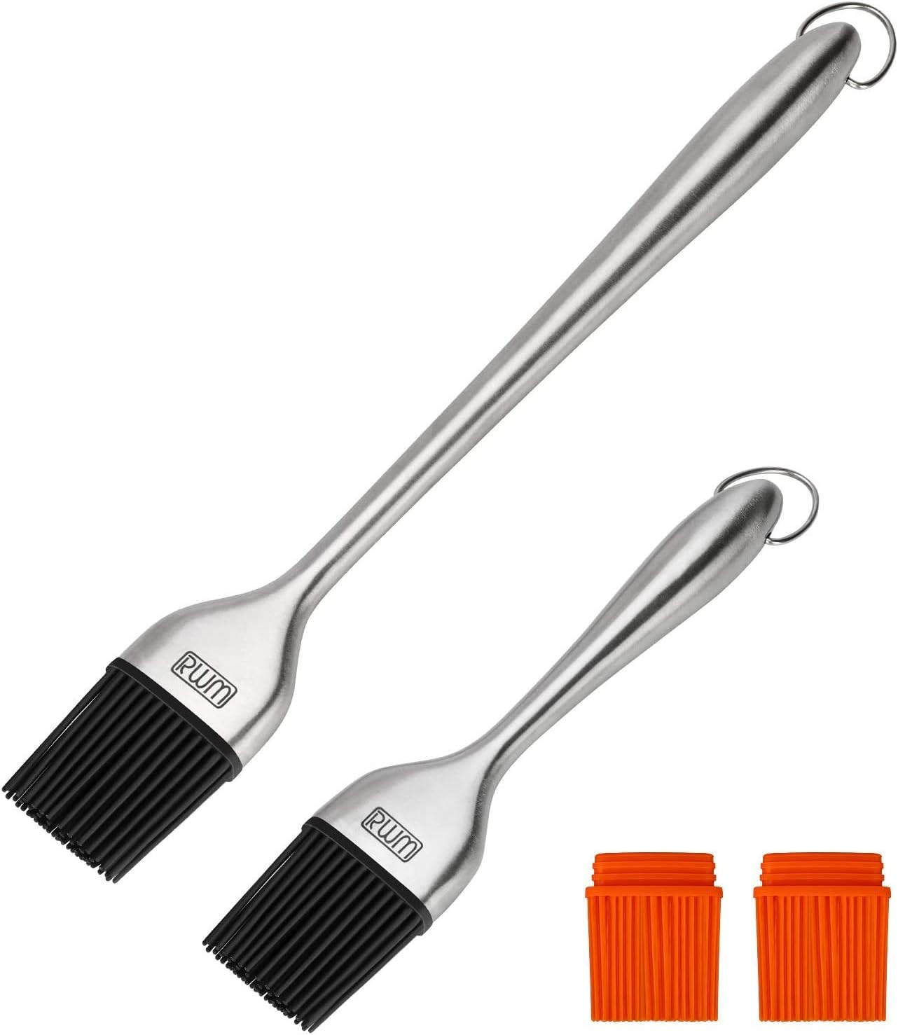 Basting Brush - Grilling BBQ Baking, Pastry and Oil Stainless Steel Brushes with Back up Silicone Brush Heads(Orange) for Kitchen Cooking & Marinating, Dishwasher
