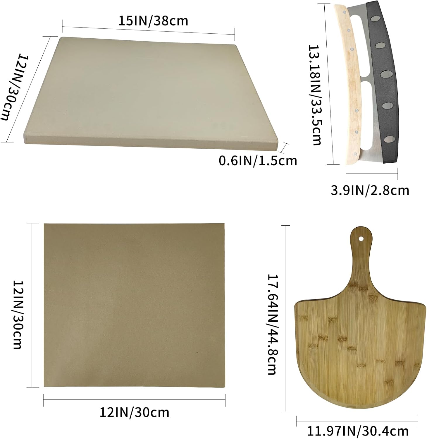 Rectangular Pizza Stone 4 Sets,12"x15"x0.59"(OAK) Pizza Stone for Oven and Grill with Bamboo Pizza Peel, Pizza Cutter and 10pcs Cooking Paper,Grill Stone Baking Stone for Bread,BBQ,Grill