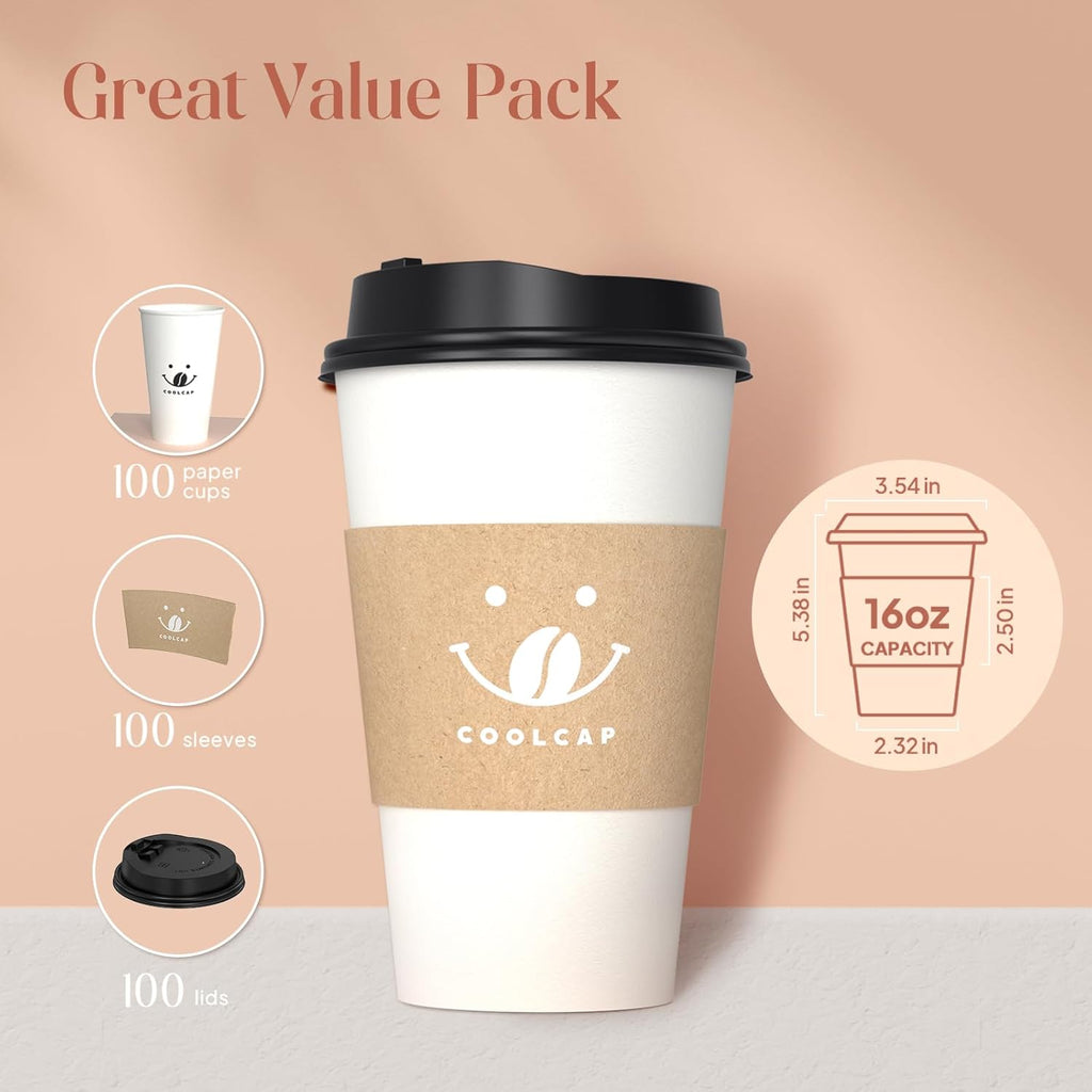 Coffee Cups with Lids and Sleeves, 16 Ounce 100 pack To Go Coffee Cups with Lids, Hot Coffee Paper Cups Bulk for Hot Beverage (16 Ounce, White)