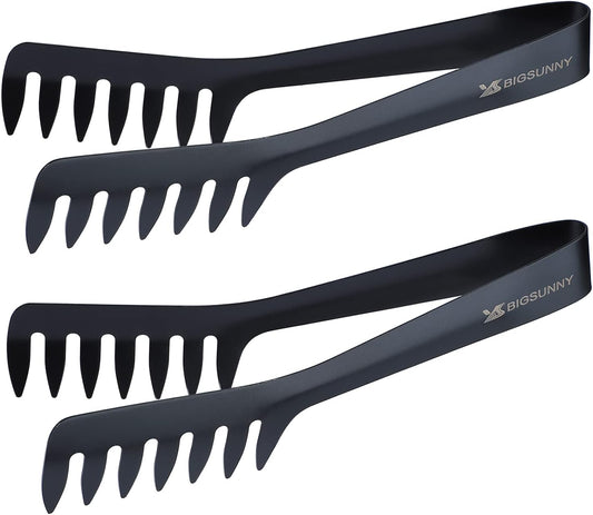 MSY BIGSUNNY 8-Inch Pasta Tongs, Stainless Steel Food Serving Tongs, Rust-Proof Spaghetti Tongs (Set of 2, Black)