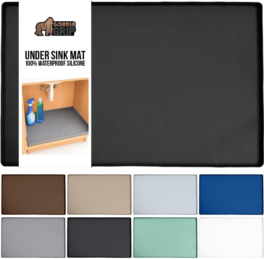 GORILLA GRIP Waterproof Silicone Under Sink Mat with Raised Lip for Kitchen and Bathroom, 34 x 22 in, Cabinet Shelf Liner Stay in Place Mats Dishwasher Safe Drawer Liner, Organizer Tray, Black