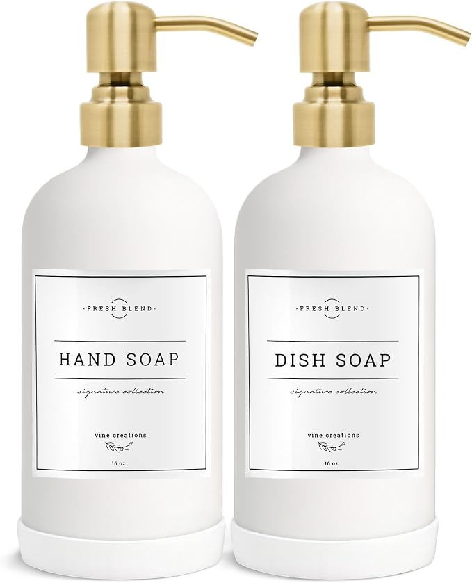 Vine Creations White Glass Soap Dispenser, 2 Pack Kitchen Soap Dispenser Set by VineCreations