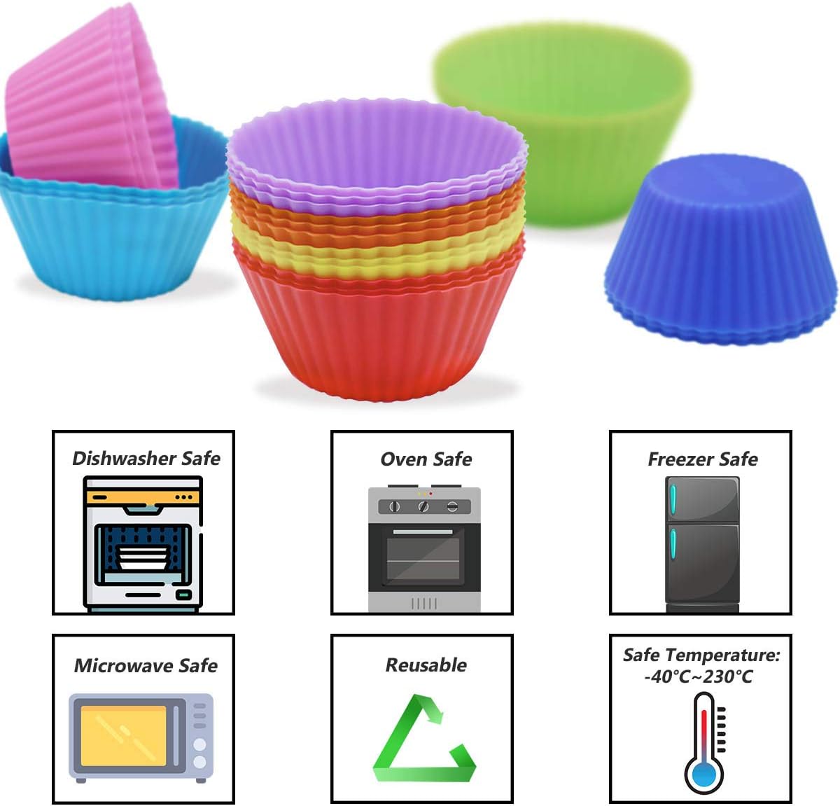 24 Pack Silicone Baking Cups Reusable Muffin Liners Non-Stick Cup Cake Molds Set Cupcake Silicone Liner Standard Size Silicone Cupcake Holder Reusable Cupcake Liners Christmas Gift (8 Rainbow Colors)