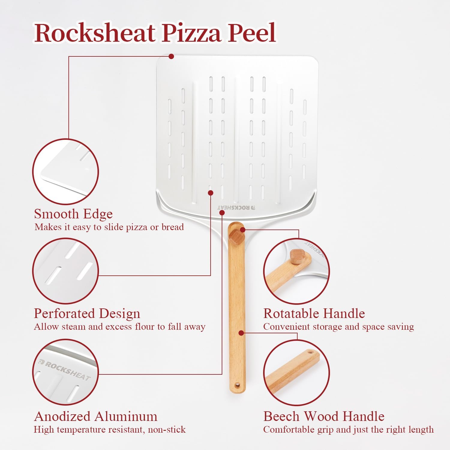 15x12 Inch Pizza Stone & 12 Inch Rotatable Pizza Peel Set, Baking Stone with Non-Stick Aluminum Peel, Spatula with Beech Wood Handle, Cordierite Bread stone for oven