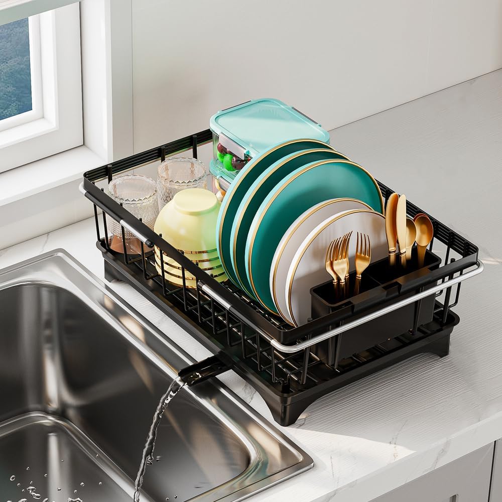 Small Dish Drying Rack in Sink, Expandable Stainless Steel Dish Drainers for Kitchen Counter, with Drain Board & Utensil Holder(Black)