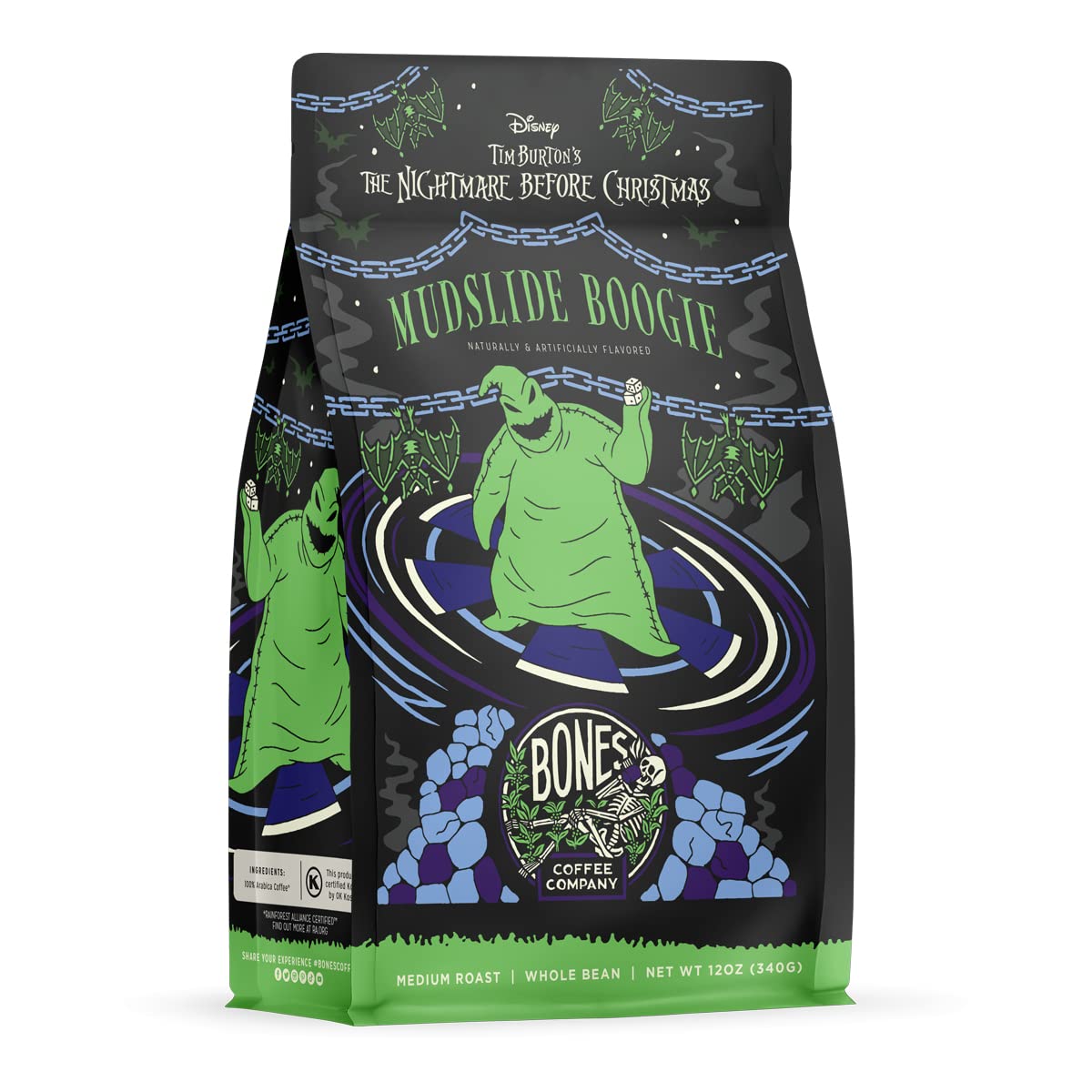 Bones Coffee Company The Nightmare Before Christmas Mudslide Boogie Flavored Coffee Beans, Whole Bean Coffee Medium Roast Low Acid, Chocolate Mudslide Flavor (12 oz)