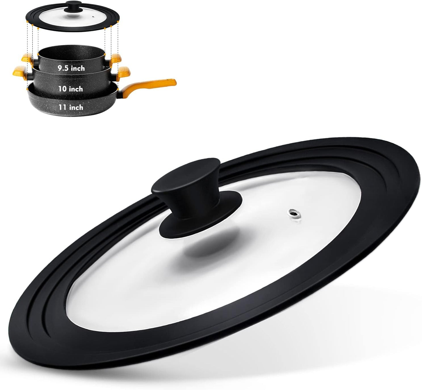 Universal Lid for Pots, Pans and Skillets, Pot Lid With Heat Resistant Silicone Rim and Tempered Glass,Fits 9.5", 10", 11" Diameter Pots and Pans