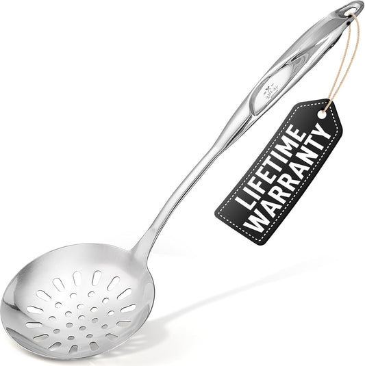 Zulay Kitchen Stainless Steel Slotted Serving Spoon - Large Frying Spoon Skimmer - Durable Utensil with Ergonomic, Easy to Use Handle - Easy to Clean, Perfect for at Home Cooks & Chefs - 14.5”