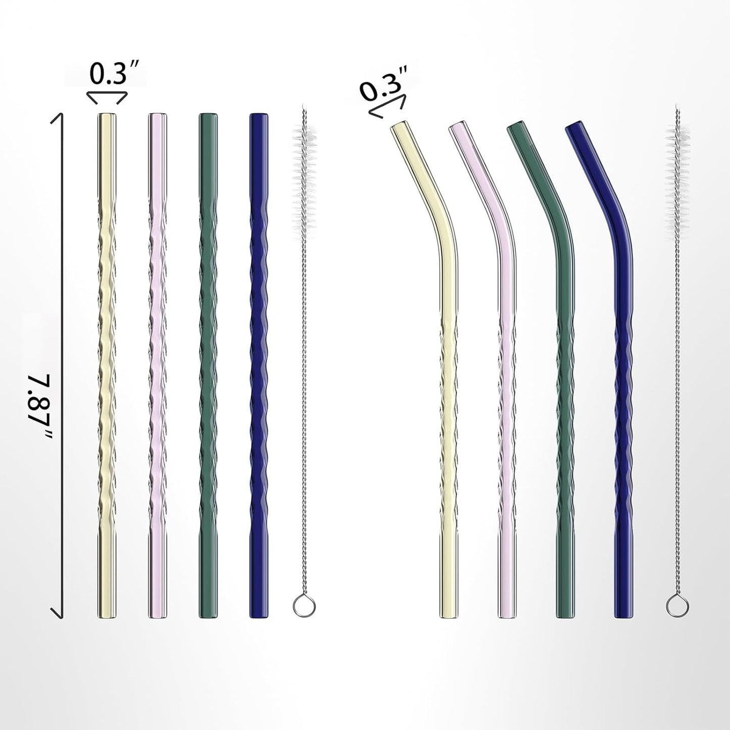 Reusable Glass Straws Clear Twist Shape Sets of 8 with 4 Bent and 4 Straight Straws & 2 Cleaning Brushes, 8 Inch x 0.3" Thick Glass Drinking Straw for Tumblers Gift Wrap Dishwasher Safe